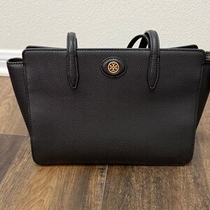 Tory Burch Black Pebbled Leather Logo Tote with Gold Accent